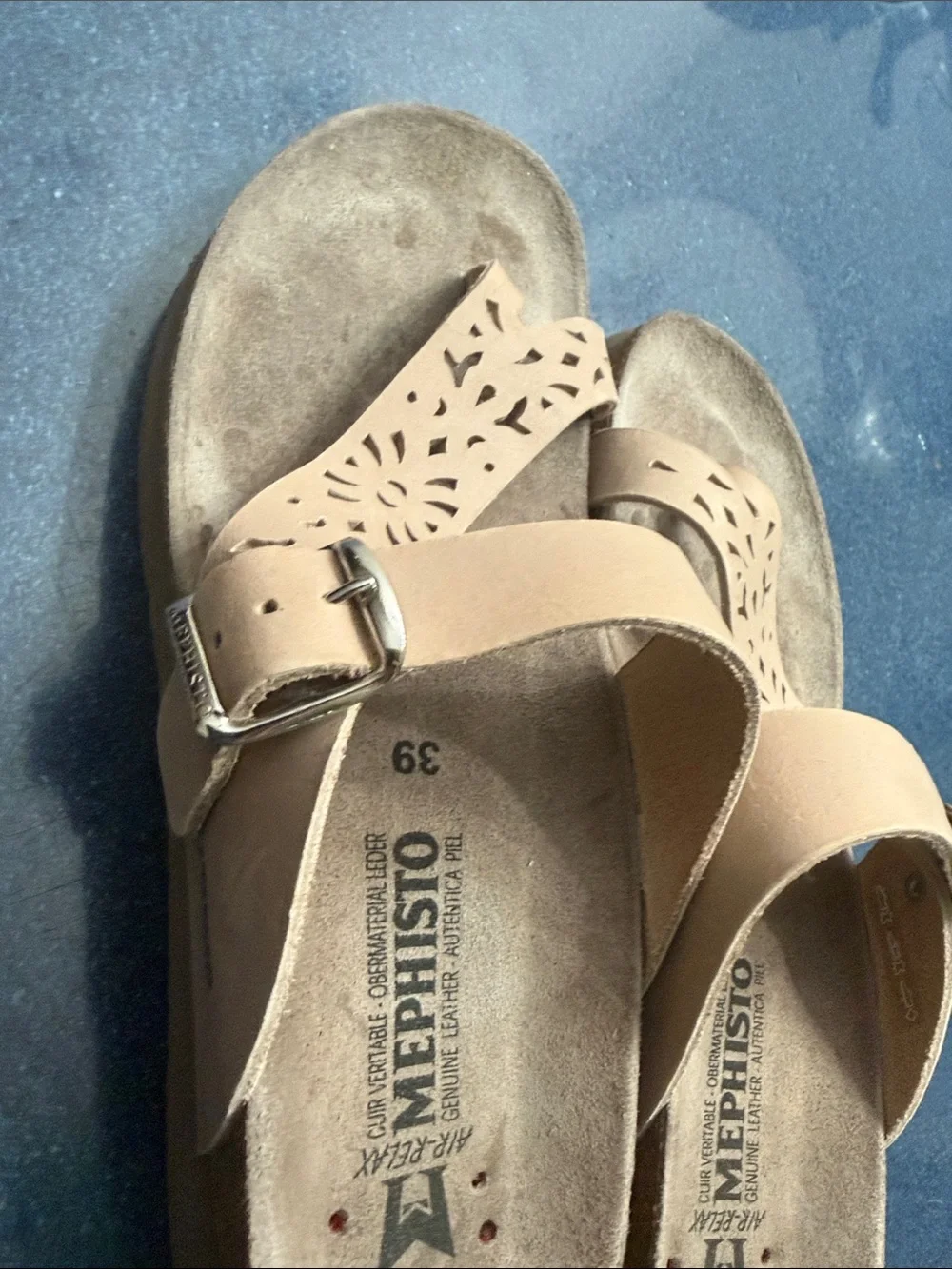 Mephisto Women's Tan Suede Laser-Cut Toe-Post Sandals